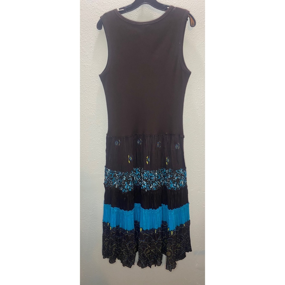 Sangria Tiered Midi Dress Women's 14 Brown Turquoise Embroidered Lagenlook  Boho - Picture 2 of 10